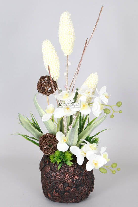 Vintage Kabartmalı Saksıda Yapay 12 Kandilli Orkide 57 cm Beyaz - 1