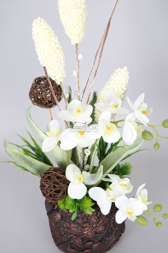 Vintage Kabartmalı Saksıda Yapay 12 Kandilli Orkide 57 cm Beyaz - 2