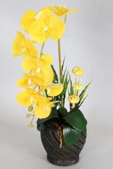 Vintage Kabartmalı Saksıda Yapay Baskılı Islak Orkide 55 cm Sarı - Yapay Çiçek Sitesi