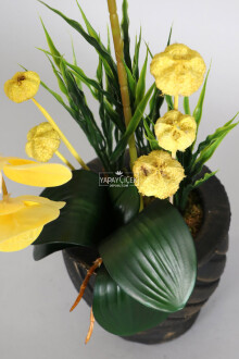 Vintage Kabartmalı Saksıda Yapay Baskılı Islak Orkide 55 cm Sarı - 3