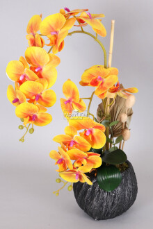 Vintage Kabartmalı Saksıda Yapay Baskılı Islak Orkide 55 cm Turuncu - Yapay Çiçek Sitesi