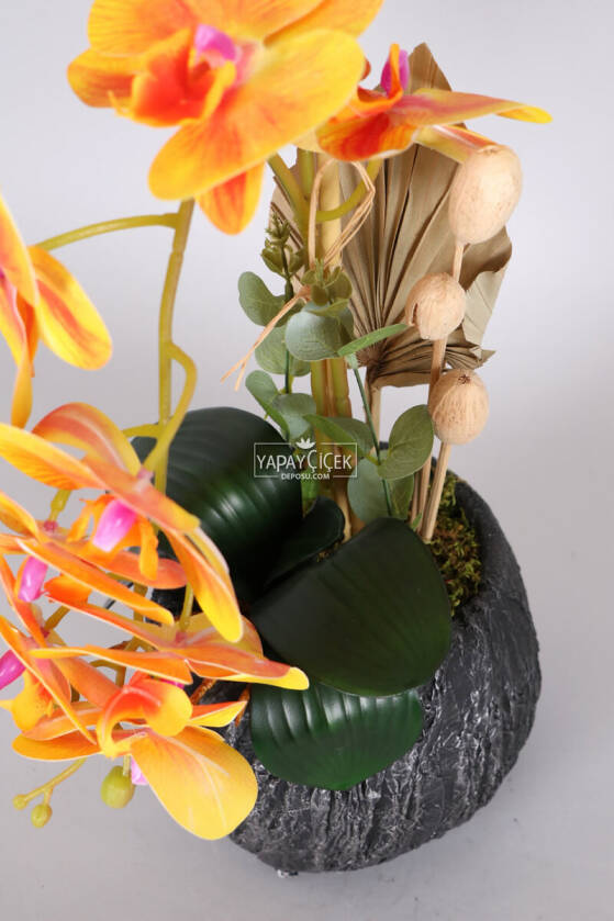 Vintage Kabartmalı Saksıda Yapay Baskılı Islak Orkide 55 cm Turuncu - 2