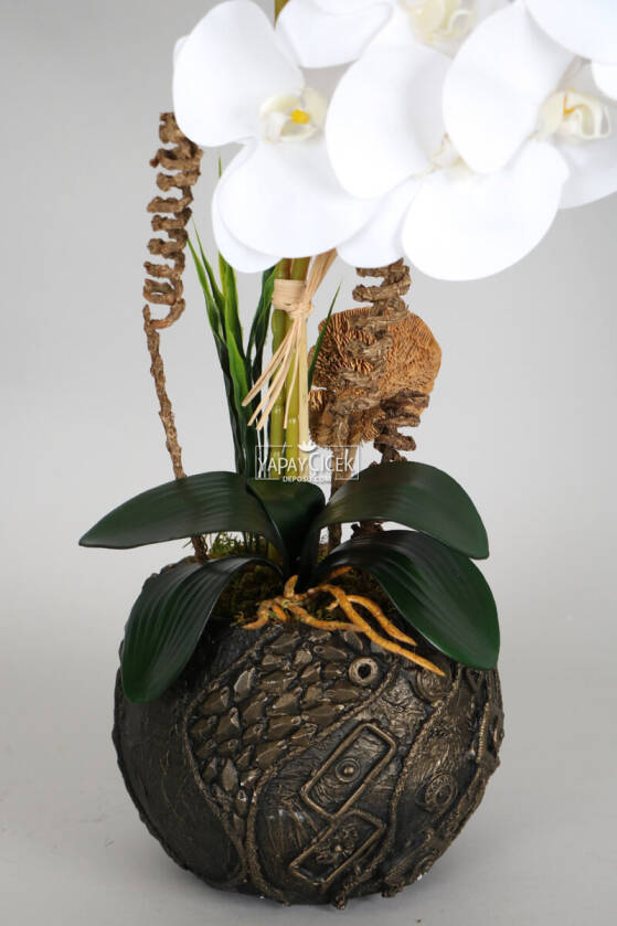 Vintage Kabartmalı Saksıda Yapay Baskılı Islak Orkide 60 cm Beyaz Sarı - 2