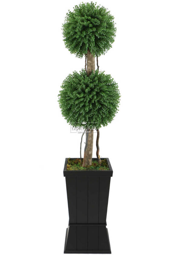 Yapay 2li Okaliptus Şimşir Top 140cm Yeşil (Dekoratif Ahşap Saksılı) - 1