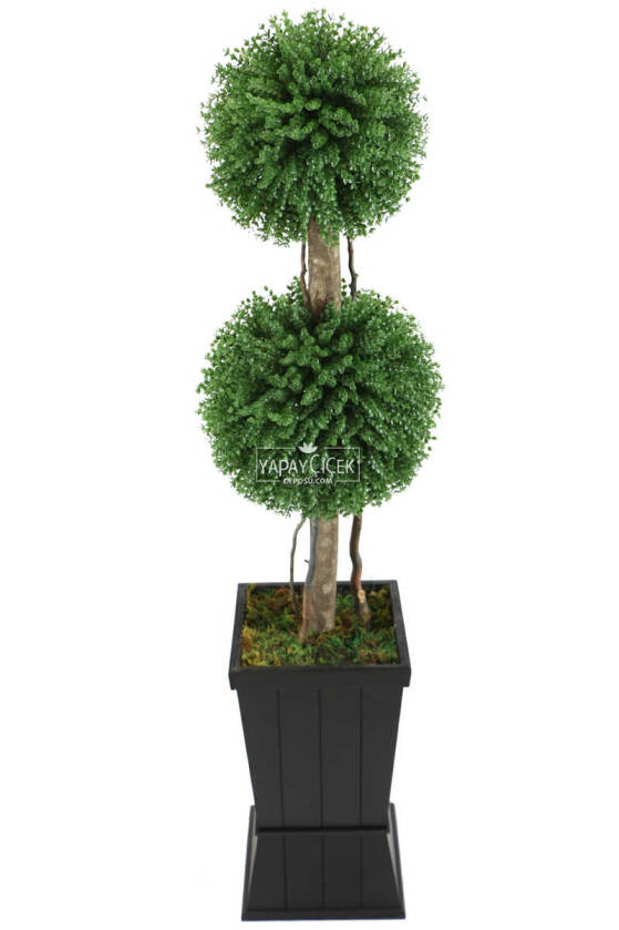 Yapay 2li Okaliptus Şimşir Top 140cm Yeşil (Dekoratif Ahşap Saksılı) - 2