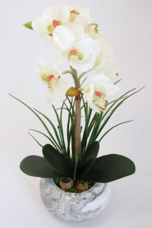 Yapay Tropikal Orkide Tanzimi Islak Dokuda Beton Saksılı Beyaz - 2